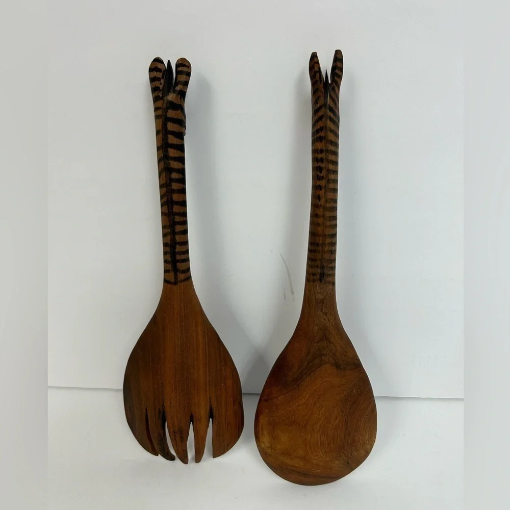 African Safari Giraffe Ladle and Fork Hand Carved Teak/ vintage
